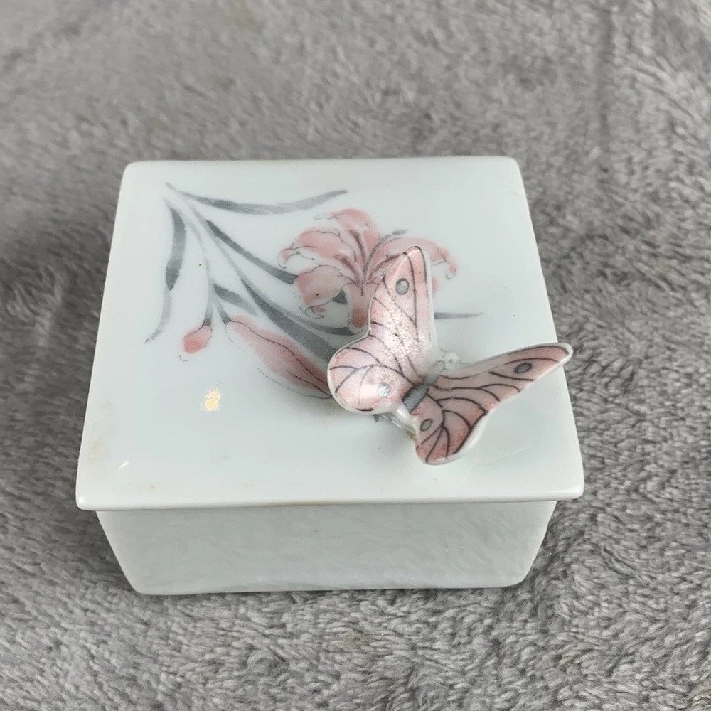 Vintage Porcelain Trinket Box Square With 3D Butterfly On Lillies White & Pink